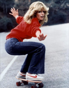 retro fashion Farrah Fawcett skateboard